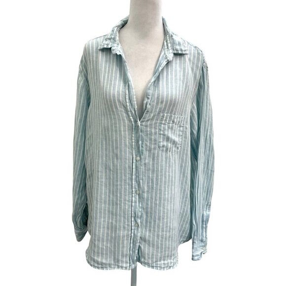 Grayson 100% Linen Stripe Hero V-Neck Button Front Shirt Blue White size XL - Picture 1 of 6